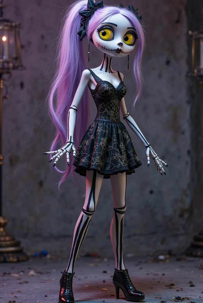 Deceptive Charm Portrait Virtual Vine Horrifying Howl, Wearing grapes, cherry, Berry, Creepy Doll Dress, In the wind that screams through the ribs of a skeleton、Late night city、Midnight City with Golden Streets, Stitched meat, Flickering flames in the distance, Sparkling Magic Ghost