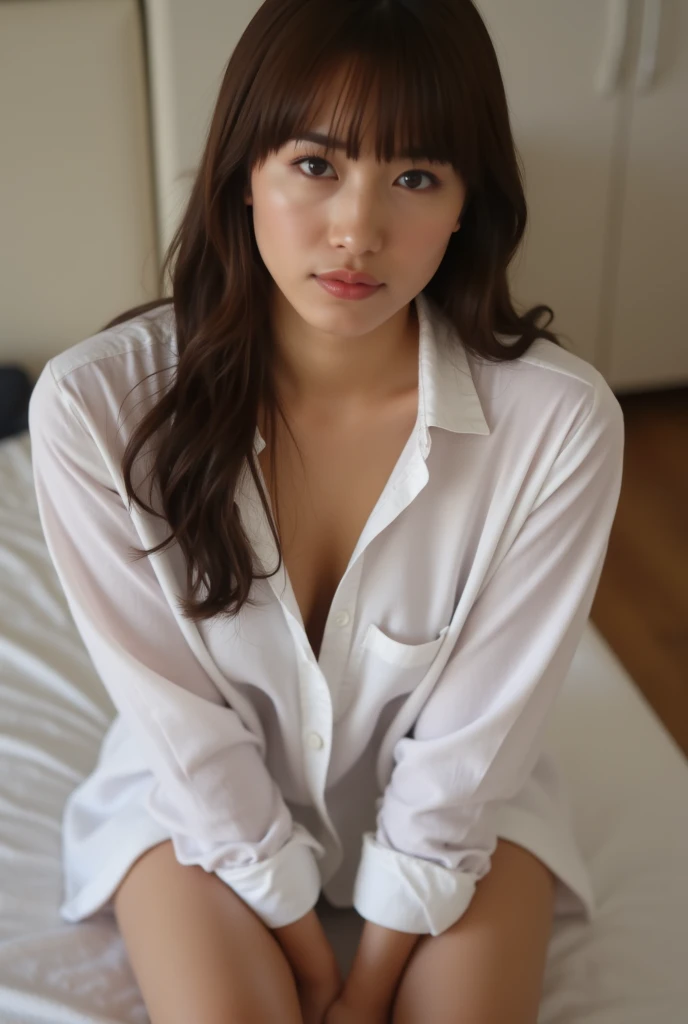Young beautiful sweet Bogor city girl, 30 years old, mixed descent from sundanese and Javanese, slim body, greek nose, nate medium long hair with a bangs, nubian nose, georgeus sweet face, wearing office shoes, wearing blue tank top shirt that covering her bra under her blazer, wearing nate office long sleeve blazer, wearing calf long folded up office skirt, wearing lace soft cup bra under her dress and her blazer, wearing white lace see through panty under her skirt that exposed to camera, sassy local tv anchor, siting very relax opened very wide legs on sofa in tv studio, being presents the news on TV, being open mouth pose, smart face, serius reading eyes, very realistic, very detail, no cartoon, normal all fingers shape, front view