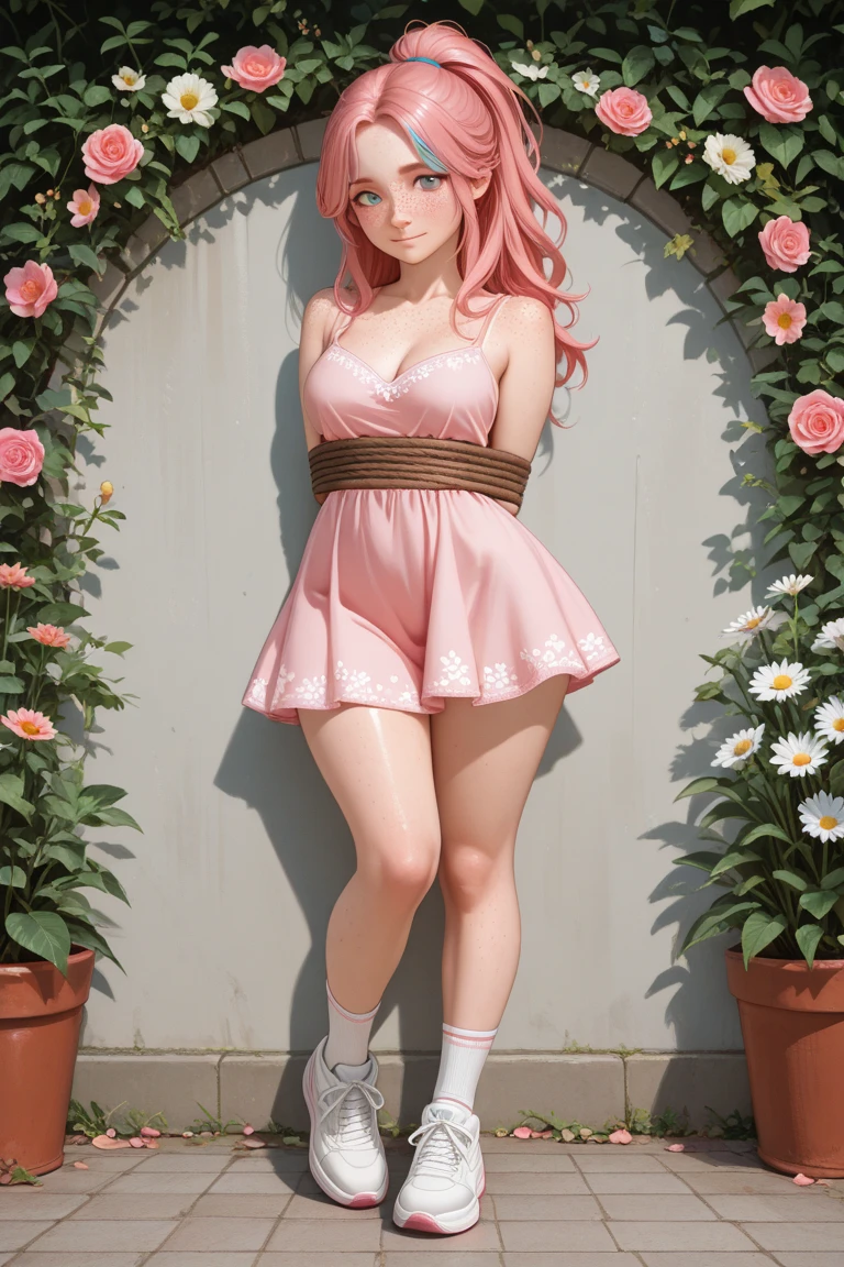 senior,cute,slender,european, eyes,pale cheeks,square face shape with angular jaw,natural "no-makeup" makeup,(pink hair),
blurred desaturated bokeh background,
dark theme,
soothing tones,
muted colors,
high contrast,
(pale skin texture, hyperrealism, soft light, sharp),
artistic photoshoot,
milkmaid braid hair,
(ultra realistic,32k, masterpiece),(high detailed skin),( high quality),
p1nkn1ghty, pink negligee,feet,
(looking at viewer, squatting, from side:1.1) ,
