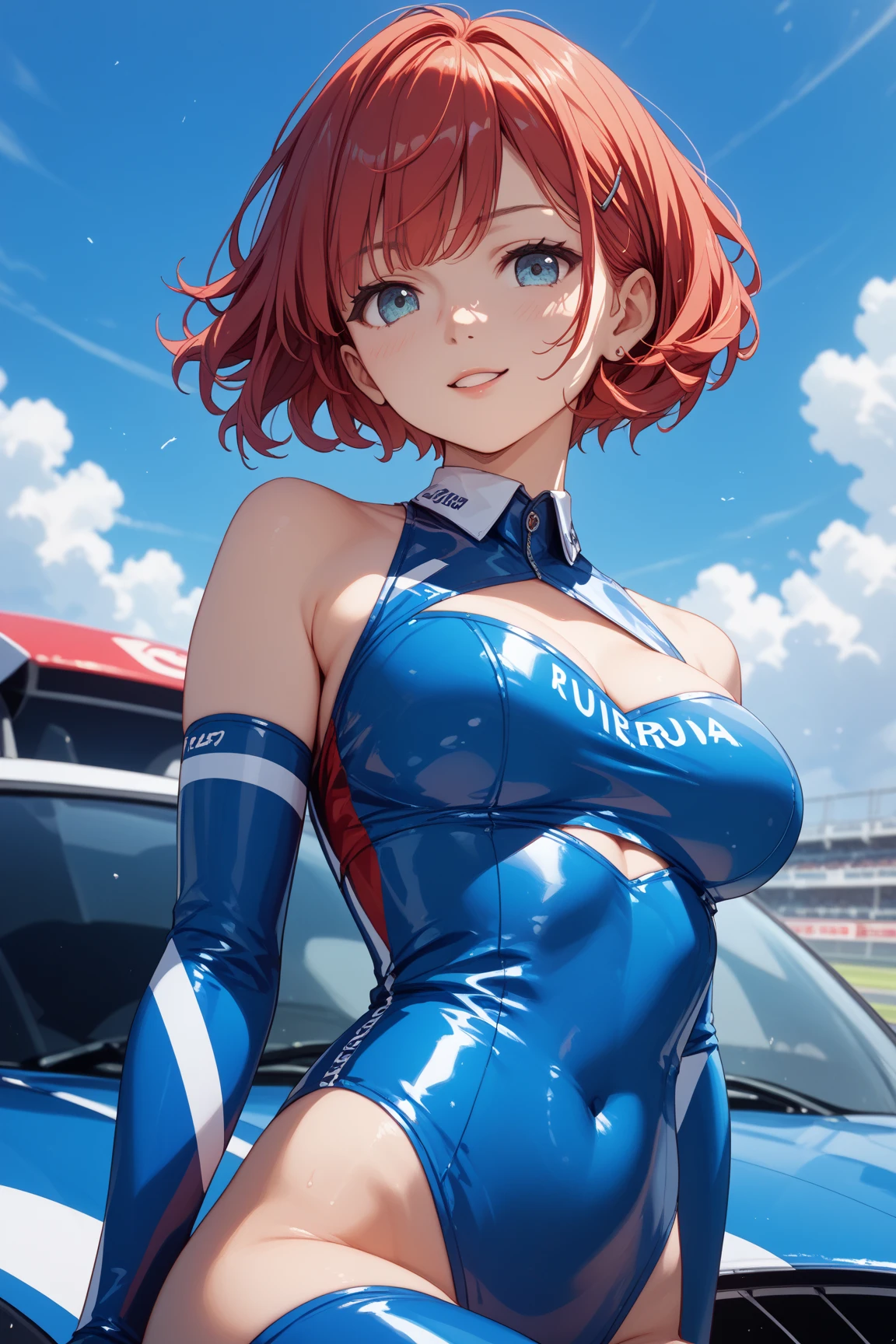 highest quality、Nice sexy body、One Woman、solo、(Beautiful busty woman:1.5)、Medium hair woman、((Woman with dark red hair))、Race Queen、Campaign girl、A woman wearing a blue patent leather short top、A woman wearing a top with a logo、A woman wearing blue patent leather panties、A woman wearing a blue patent leather jacket、A woman wearing brown pantyhose、Standing woman、event venue、motor Show、smile、Sexy pose