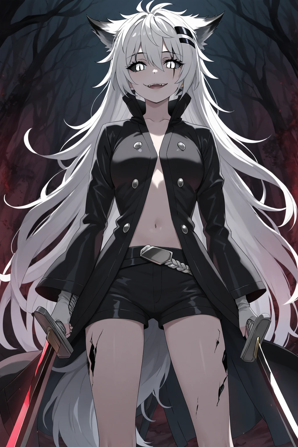 White aura, grey eyes, black hood, black cape, long sleeves, black panties, black sarashi, crazy, smiling, sharp stare, holding scythe, evil, short, black background, tight clothing, , glowing aura, glowing white, white effects, glowing white effects, gray hair, long hair, no chest, white antlers, dark aura, scythe in hand, scythe, young, little, thong, sarashi on chest, cape behind back, blush, breath