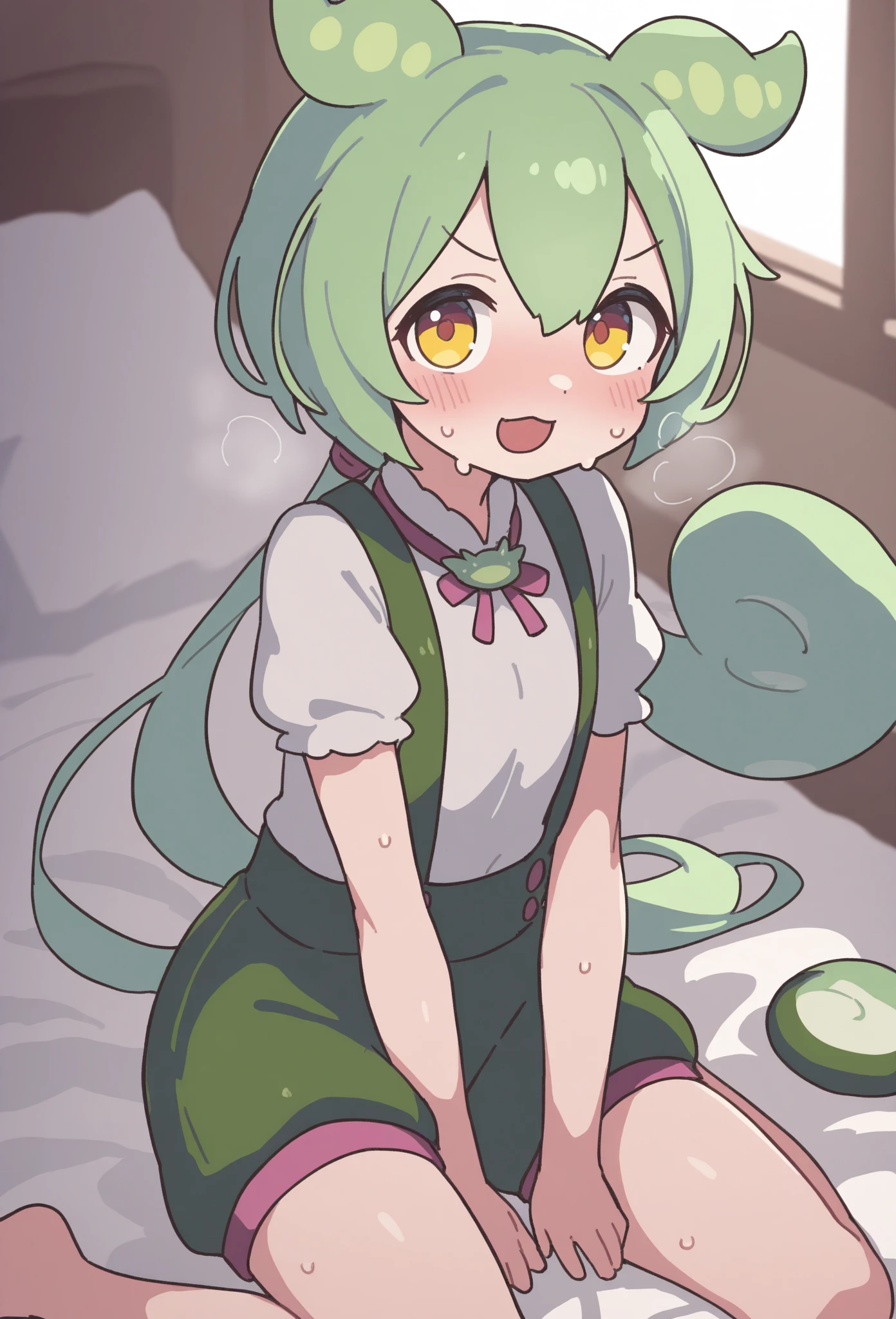 Highest image quality、(master piece:1.2)、detailed、Huo Huo、1 girl、solo、green hair、fart、green eyes、Shy personality、coward、pale tail、a lot of gas、blush、shy、Satisfied smile、put pressure on your face、hot spring、Completely naked、bathing、bathroom、loud fart sound、taking off top and bottom clothes、open your mouth