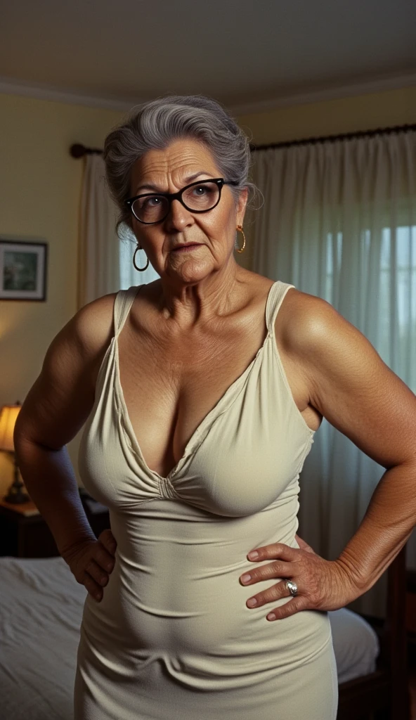 (solo,mature granny:1.3,older woman,disappointed face:1.3,wrinkled face:1.4),(huge breasts,highcut swimsuits,black micro bikini),,white short hair,in room