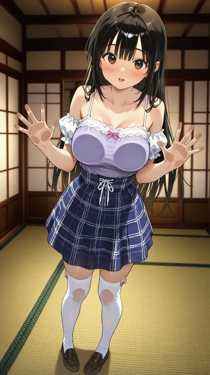 (((masterpiece:1.4, Best Quality:1.48K))), ultra high res, Physically Based Rendering, Full Body Shot, ultra Beautiful Sexy Woman, highlights in the eyes, navy long hair, (wind blows up her hair), (gigantic Breasts:1.3), narrow waist, 24yo, (embarrassed, blush, tears:1.1, open mouth, drooling:1.4), ((full nudity:1.4)), ((red plaid pleated micro miniskirt, no panties)), ((BREAK black stockings)), (bdsm, arms tied up by chain, Both hands above the head, spread legs wide:1.9, detailed beautiful pussy exposed:1.2), (spread pussy:1.4, cum in pussy:1.4), ((Confinement Room)), dim candle lighting,