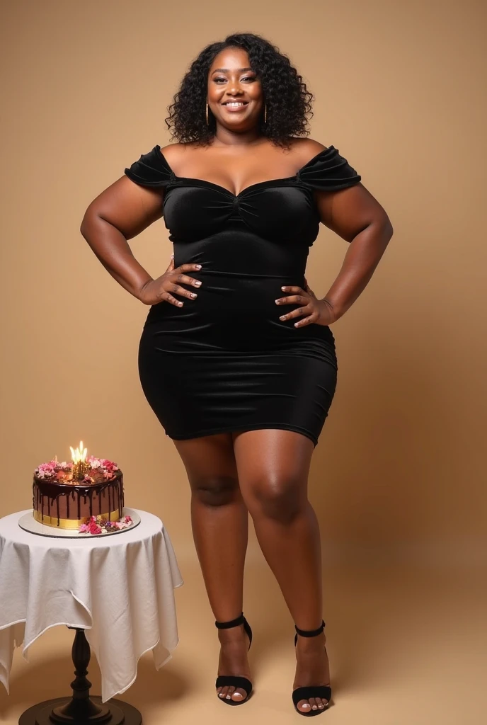 standing woman big chubby full body brown skin black hair shoulder length, wearing red birthday dress celebrating birthday, fat facing camera, behind there is writing happy birthday GERLY C