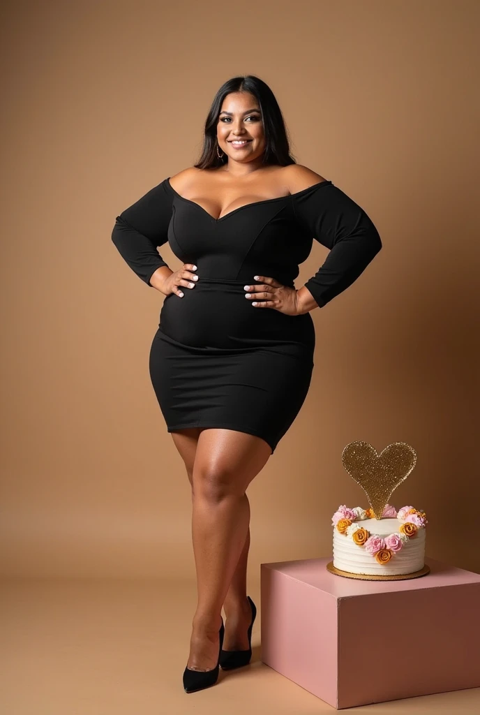 woman, long wavy black hair, smiling, big bust, wide legs, chubby, elegant black and silver dress, gray heels, black and silver balloons in her hands, birthday celebration, in a garden, looking at the camera, photorealistic