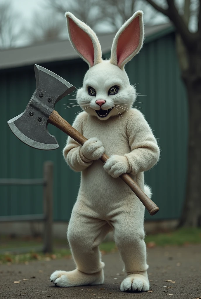 A murderer in a rabbit costume、Holding a bloody axe、