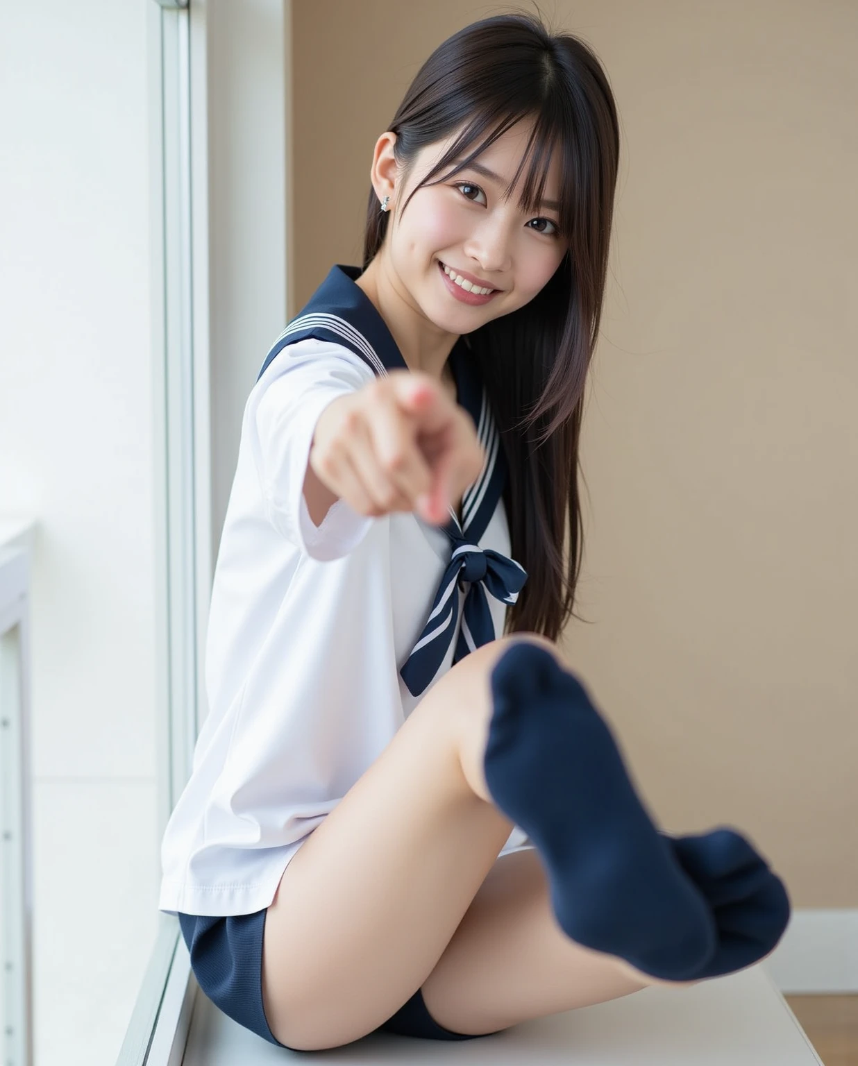 (big smile:1.3),(happy smile:1.3),(Extremely beautiful face, Beautiful lips, Beautiful eyes),(sexy panties:1.3),(realistic silk panties:1.3),(white panties:1.2),(Looking directly at Viewer:1.3),(Big eyes:1.2),(double eyelies:1.3),(long eyelashes:1.2),32K,pink checked skirt, Japanese school uniform, brown loafers, loose socks,(beautiful teeth:1.1), masterpiece, Raw photo, Best Quality, Photorealistic, Highly detailed CG Unity 32K wallpaper, intricate detailed face, ((Ultra detailed skin)) Super Idol, Clear eyes, thick thighs, drooping eyes