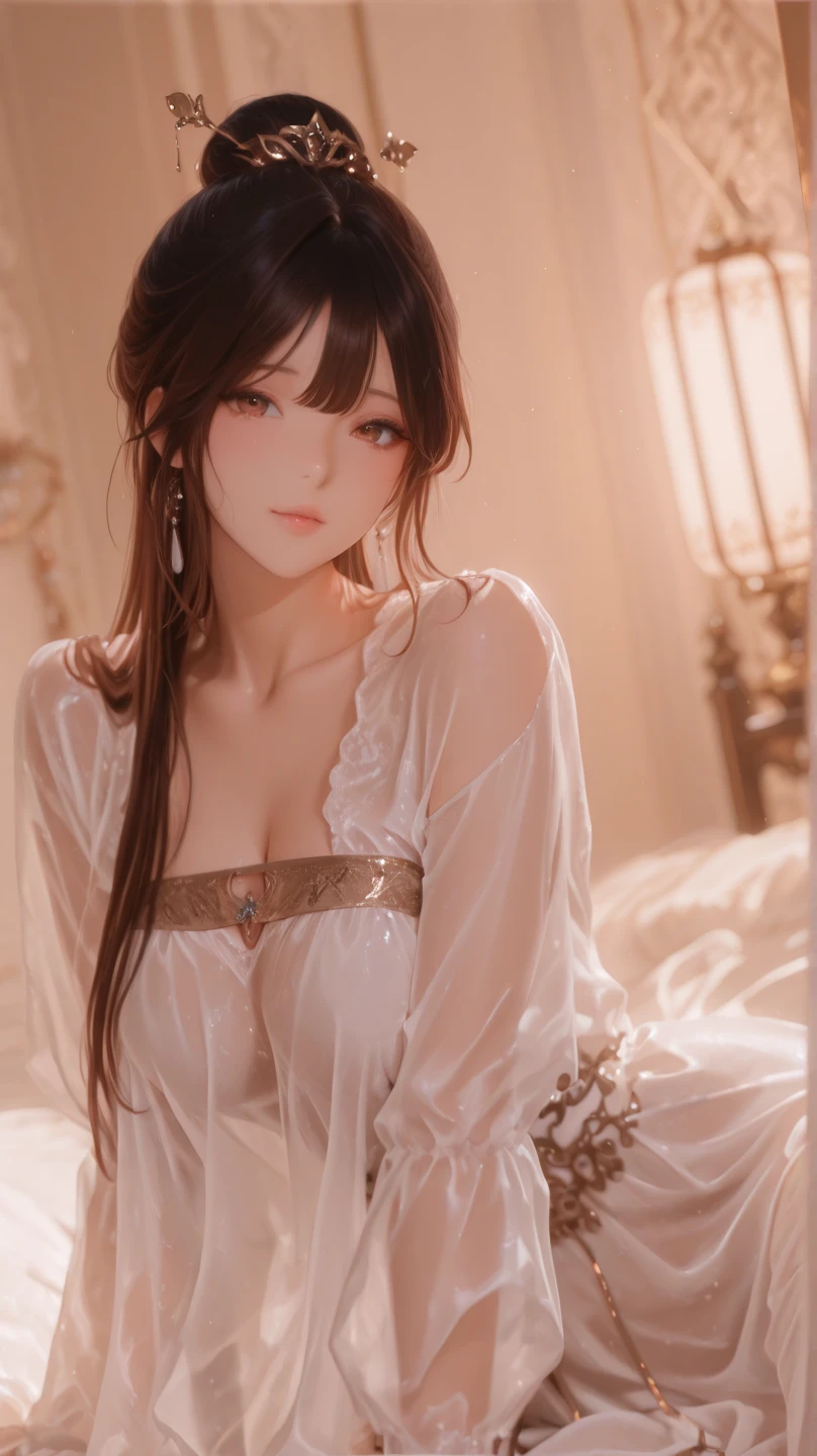 Anime beauty lying on bed with a feminine expression wearing white translucent lingerie --auto