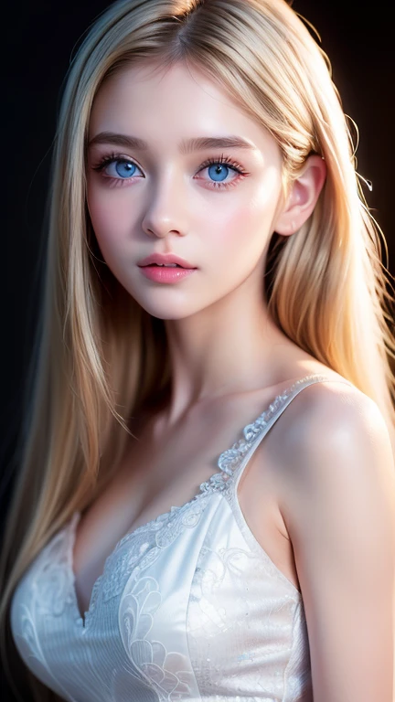 At night, RAW photo, (((extremely beautiful portrait)))), ((bright skin)), 1girl, 34 years old, Prague girl, ((natural blonde hair)), [green eyes], long hair, eyeliner, flowing hair, vibration, ((masterpiece, best quality, hyper detailed, cinematic light, intricate details, high resolution, 8k, extremely detailed)), detailed background, 8k uhd, dslr, soft lighting, high quality, film grain, Fujifilm XT3, shallow depth of field,  natural light, (perfect hands), perfect face, distance vision, brown hair, green eyes, rosy cheek, pink mouth, white dress, protruding breasts