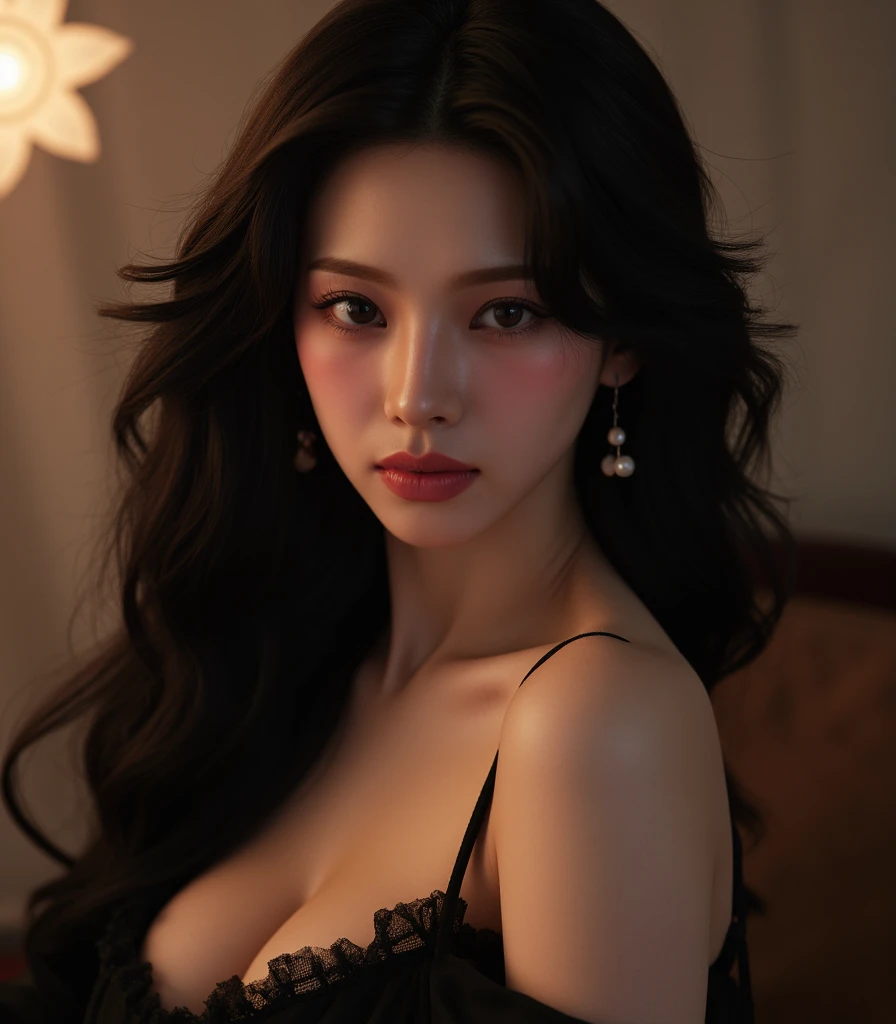 A girl with long curly hair, cinematic night scene, (best quality,4k,8k,highres,masterpiece:1.2),ultra-detailed,(realistic,photorealistic,photo-realistic:1.37),dramatic lighting,moody atmosphere,mysterious shadows,dramatic shadows,dramatic lighting,dramatic pose,intense focus,intricate details,volumetric lighting,cinematic angle,cinematic framing,chiaroscuro