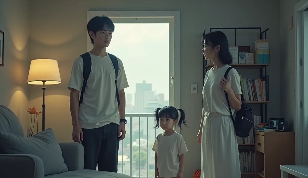 There were four people in total。A girl wears orange clothes and white pants,Four-leaf clover in hand,It is very white and beautiful。A boy dressed in green, very cute, holding a toy like rice balls in his hand。A boy dressed in blue holds a toy that looks like a small crab in his hand。A boy with not very long hair, but with a small wrench, holding a thousand paper cranes folded with a piece of paper in his hand。The four of them stood side by side on the balcony's railing to blow the wind
