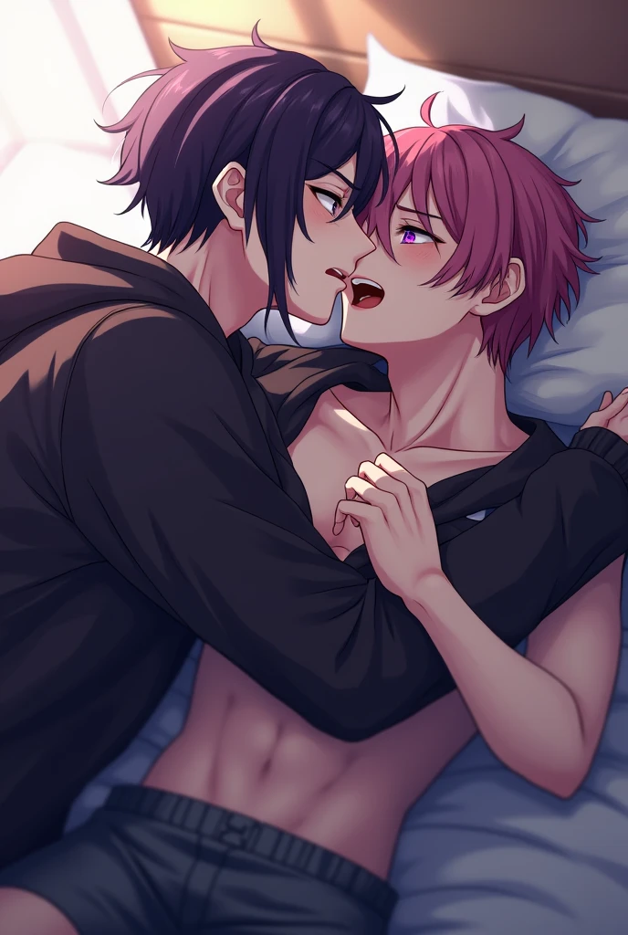 A man, femboy, clear skin, Slim and delicate body, Red hair, Red eyes, Red lipstick, black sweatshirt, huge butt, thick thighs, small penis, Ahegao, follado por A man musculoso, in a hotel room, hearts in eyes, gay sex, Shaking,