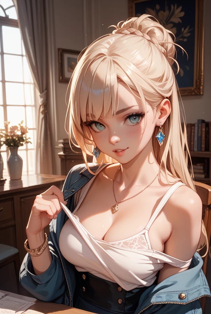 Highest quality、masterpiece、Ultra-high resolution、Chest is sideways、A 23-year-old Caucasian woman of unparalleled beauty.、blue eyes、Platinum Blonde、Iの髪はウェーブしています、I set my hair with a ribbon、A slim yet well-proportioned model figure、The sun shines from above、Photorealistic images、8K quality、I don&#39;I don&#39;t want my head to disappear from the screen..、Wear accessories on your wrist、necklace、Earrings、Wearing a belly jacket、Wear a tight skirt、Wearing high heels、I&#39;On the rooftop of a 200m high-rise building, her skirt and hair are blowing in the wind.、smile、My heart is pounding、Lean on the railing