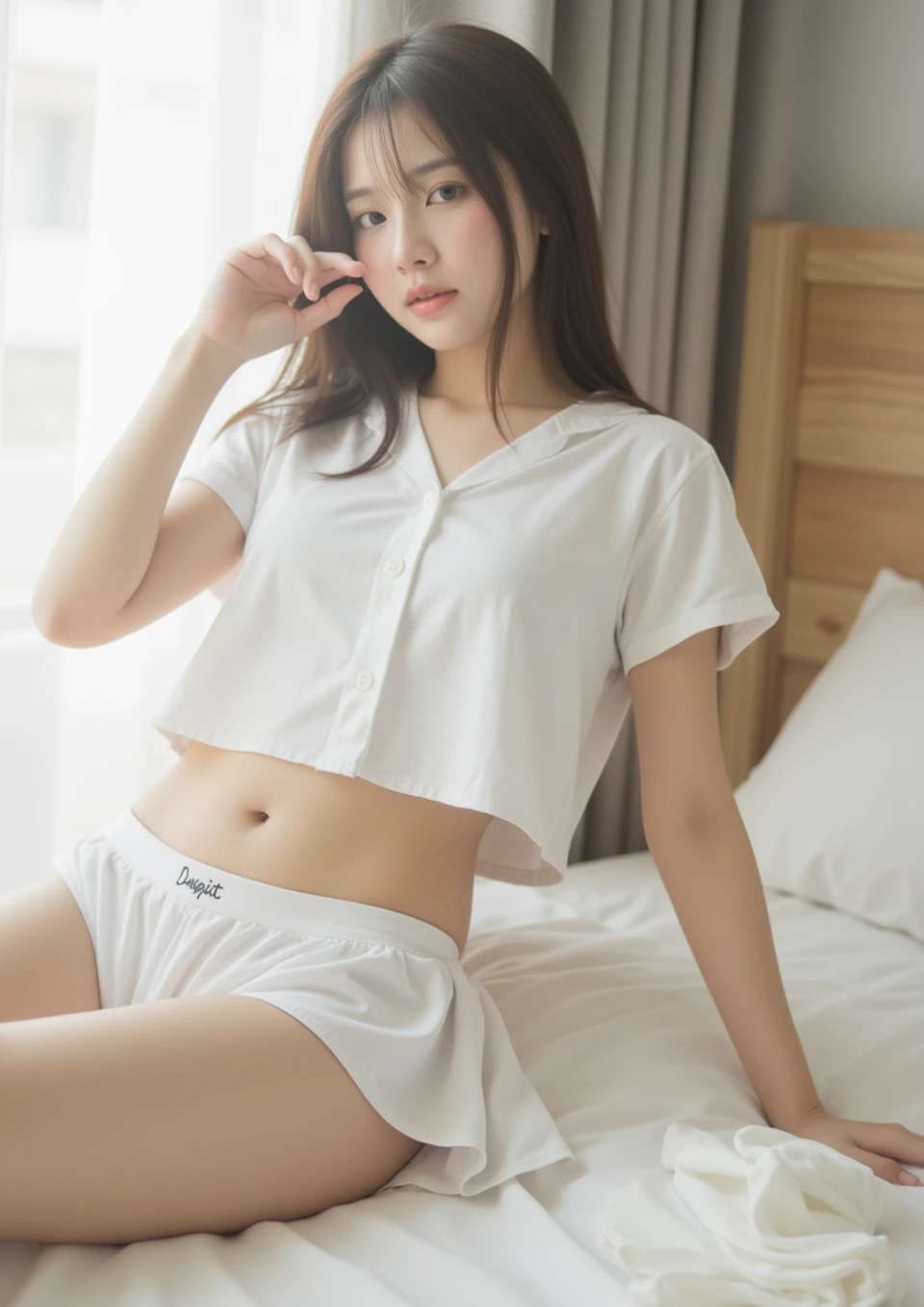 Surreal 8K CG，perfect faces，Impeccable perfection，ren，tmasterpiece，professional artwork，famous artwork，Innocent 14-year-old girl、(Wearing a pink nurse's uniform, Wearing a nurse's hat)、Wear small cotton panties、sitting in bed、A Smile、Raw foto, (8K、Top  Quality、​masterpiece:1.2)、(delicate detail:1.4)、(Photorealcitic:1.4)、octan render、Complex 3D rendering, Ultra-detail, Studio Soft Light (Studio Soft Light) (Studio Soft Light (Studio Soft Light)) (Studio Soft Light (Studio Soft Light) (Studio Soft Light (Studio Soft Light))), Rim Light, vibrant details, Super detailing, Realistic Skin Textures, Detail Face, Beautiful detail eyes, Highly detailed CG Unity 16k wallpapers, Makeup-, (detailed background:1.2), shinny skin、turned around、exposed thighs!!!、