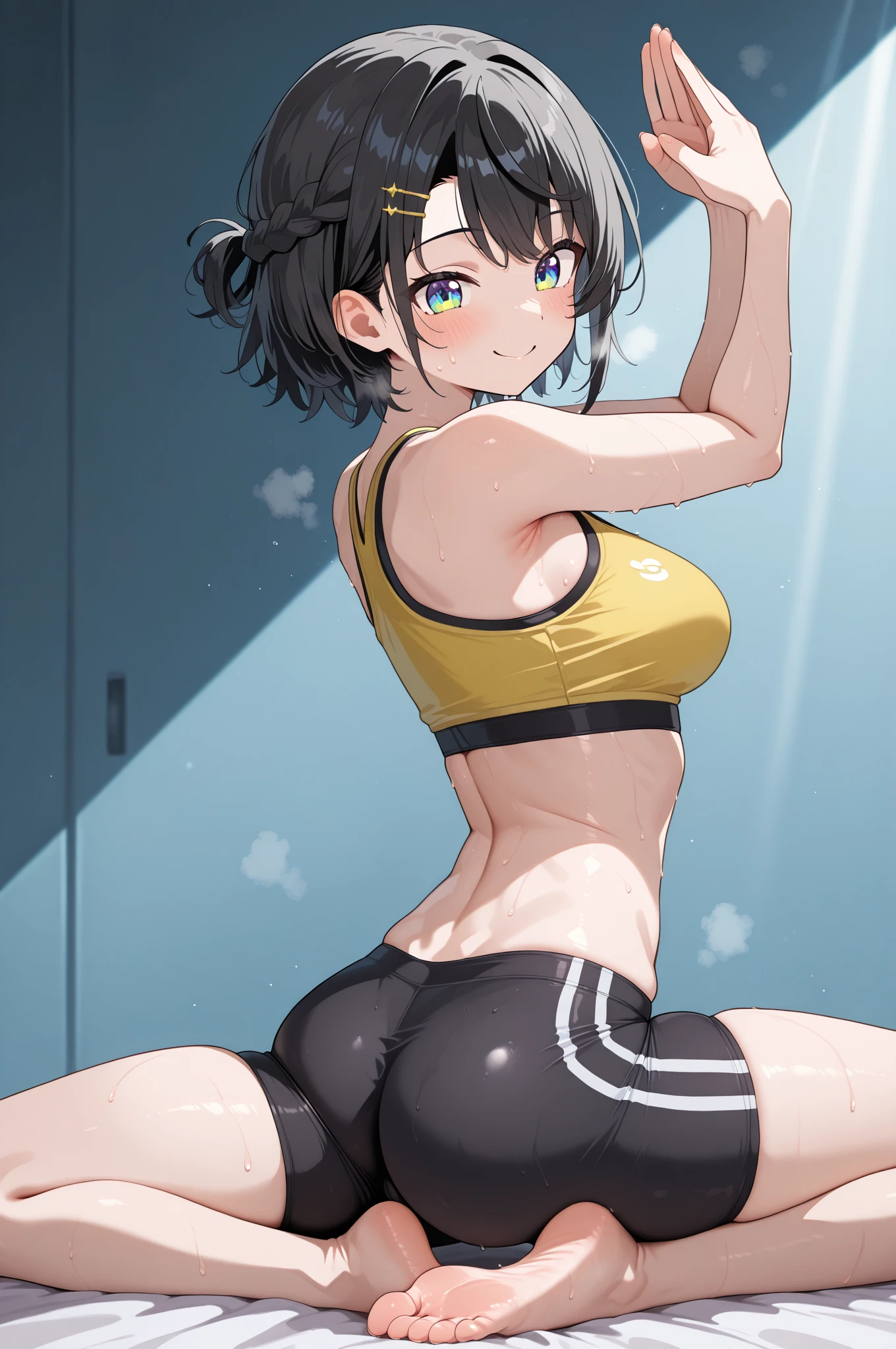 La mejor calidad, Obra maestra, linda pintura, girlish, pelo corto,  Calzado, gracia sentada, cuerpo completo sin ropa y (mostrando las tetas)