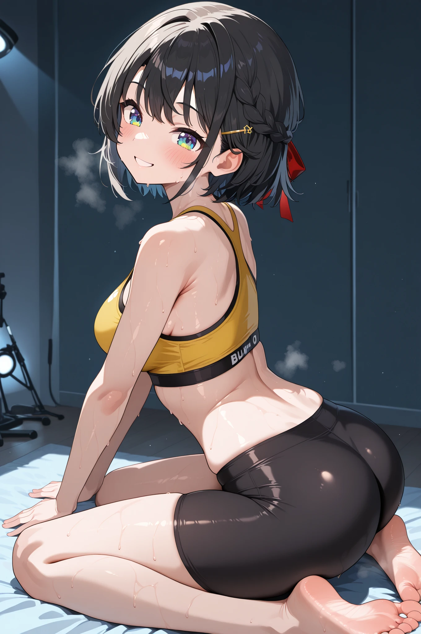 Sleeveless tops,Very short skirt,Triangle sitting,Spread your legs,Slim body,Small breasts,Blushing,Smiling face,woman(Semi-ponytail,,Black Hair,Blue eyes),Masterpiece,2D taste,Facing forward,looking at the camera