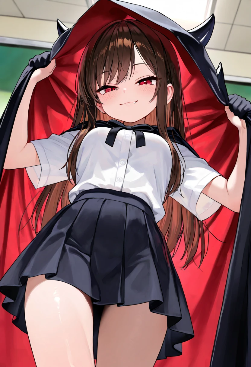 solo, lucifer \(umineko\), red eyes, black hair, long hair, thighhighs, ((from below)), angry, standing, <lora:stakes of purgatory:1>