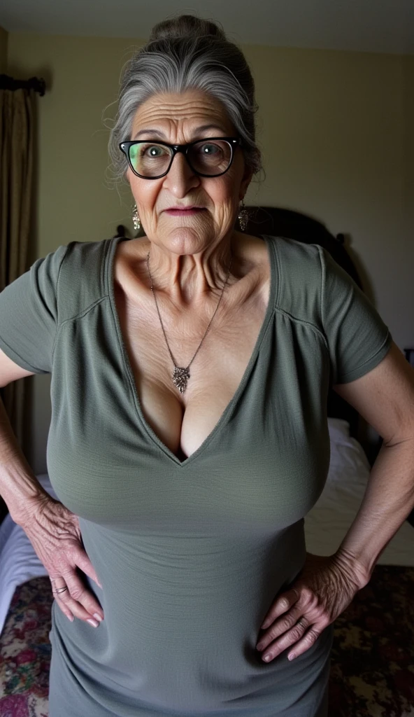 bespectacled elderly older mature master cheeky female brazenly in unbuttoned cleavaged midriff-shirt, deep unglued V-neck, V-chest cleavage, overly low rise sailor pants, very short shaved black mature woman haircut, deep and drop-shaped big navel!