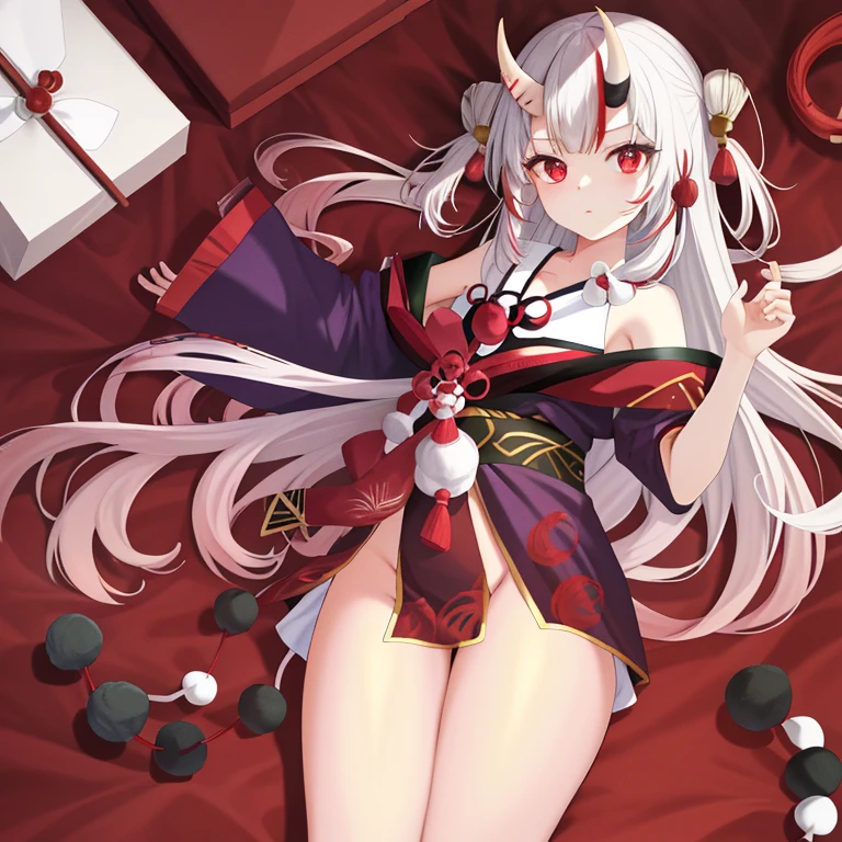 (Extremely detailed CG unity),Detailed clothes, Masterpiece, An extremely delicate and beautiful, full body shot of, 1girll, Sitting position,  Enchanted，Small curvaceous，messy  hair, Beautiful detailed eyes，red color eyes, lacepantyhose，florals，The horns of the succubus
