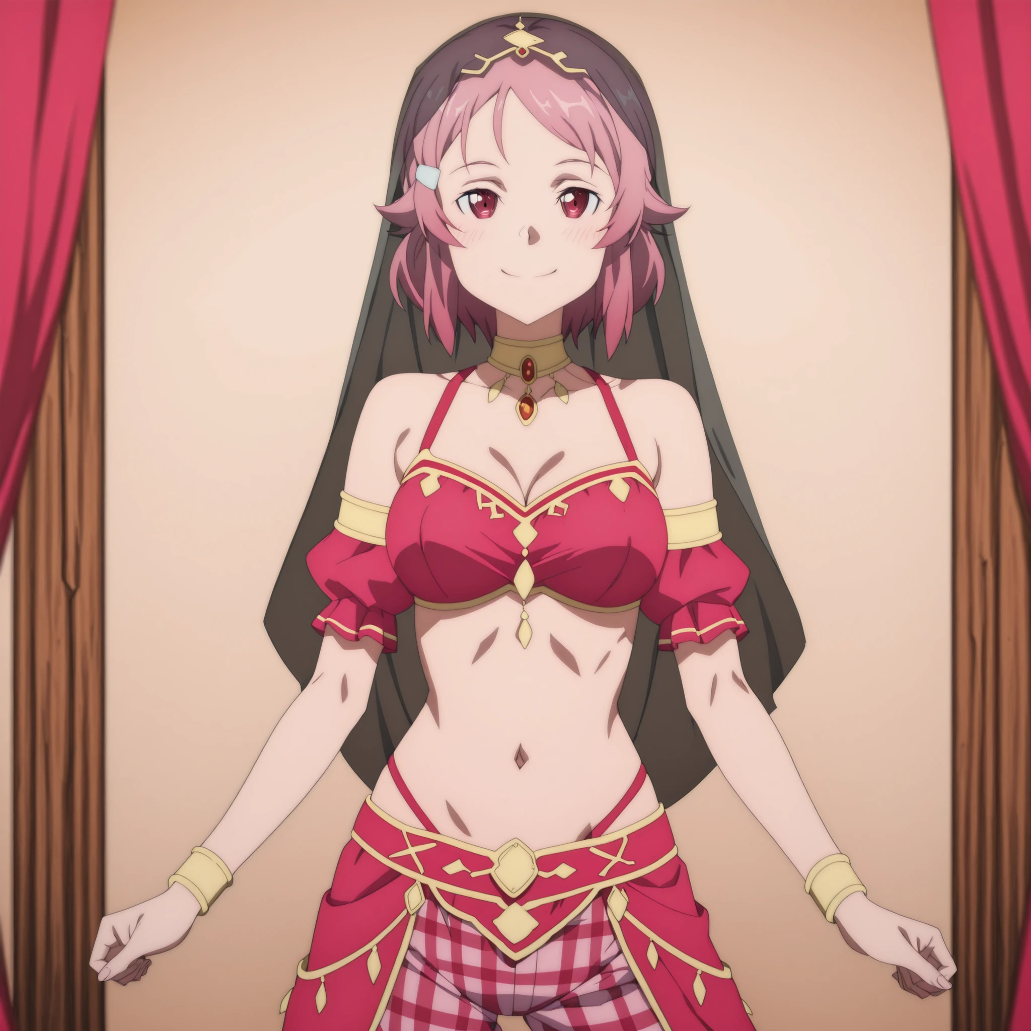 1girl:1 . 5) , (Seul:1 . 5) , score_9 , score_8_haut , score_7_haut , source_anime , Official work , ultra-detailed , masterpiece , best quality plaid shorts , high res , beaux yeux , detailed eyes , Detailed Face , beautiful detailed eyes ,Sword Art Online , Lisbeth , Arabian Clothes , Arabian Dancer ,belly dancer costume , veil , golden jewelery,harem outfit, harem skirt, harem pants, belly dancing, harem veil , arabian garden , seductive smile, dancing with veil, dynamic movement, sexy pose