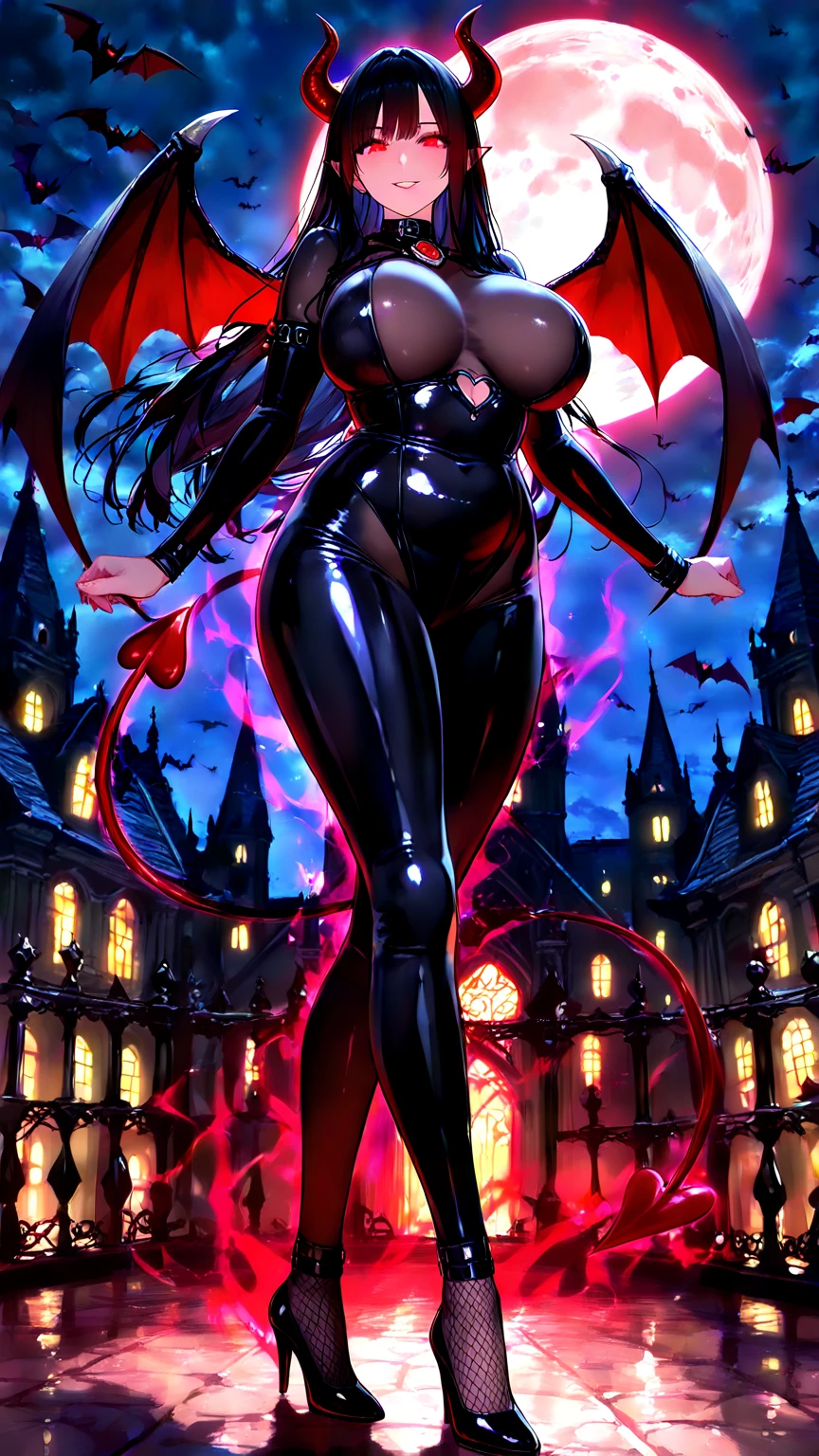 30 year old women, white skin, red eyes, majestic eyes, double eyelashes, glossy red lipstick, bat wings, straight black hair, evil smile, castle in background, moon light, black sleeveless gown, slit gown, clevage, thick thigs, black high heels, night, dark clouds, natural moonlight, front view, full image, 8k, high resolution, super detailed skin, HD, super detailed hair, super detailed eyes, super detailed gown,
