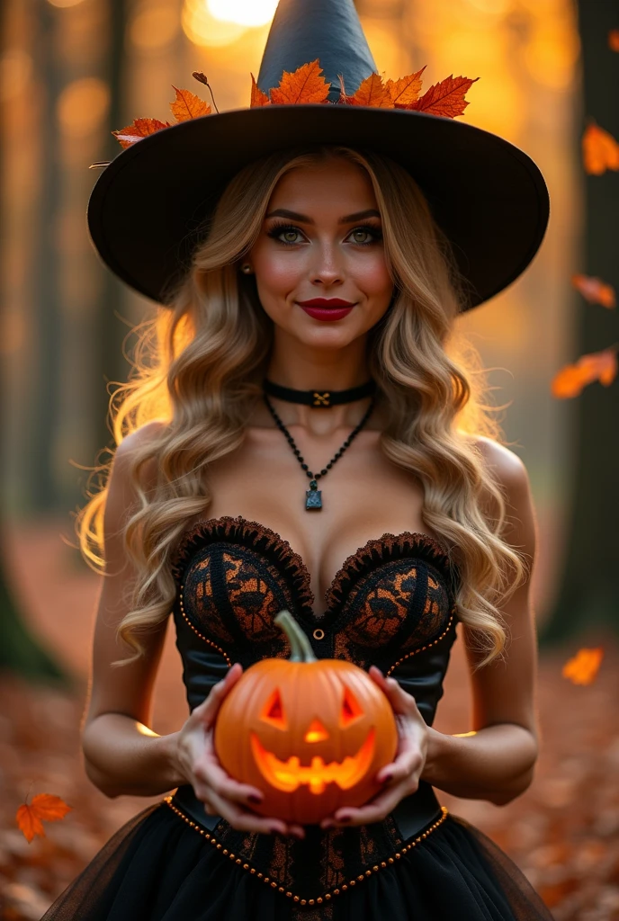 blonde woman, outside with autumn leaf, hides her breasts with mini pumpkins, wears a witch hat, sexy, hallowee, (big boobies 1.2), skin detailed, ultra realistic