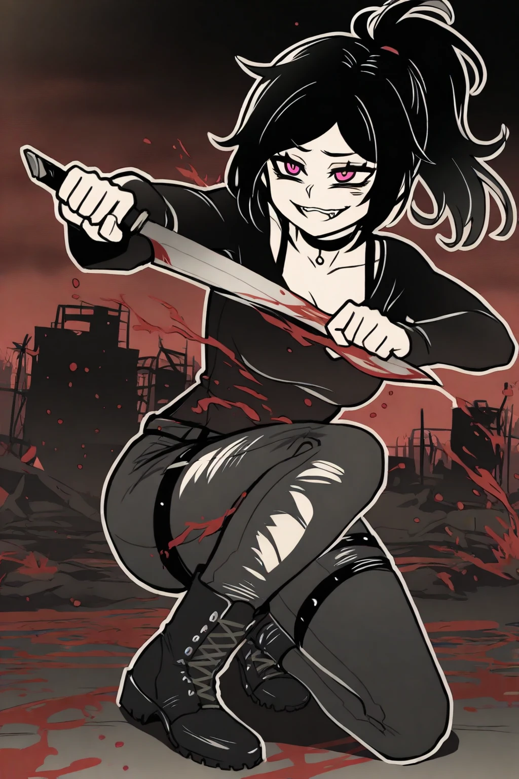 Carol, canine, ghost, anthro, female, solo, full body, long black messy hair hair, (blood on clothing), red blood, ragged clothes, halftone, scar, smile, wide eyed, monochrome, by hladilnik