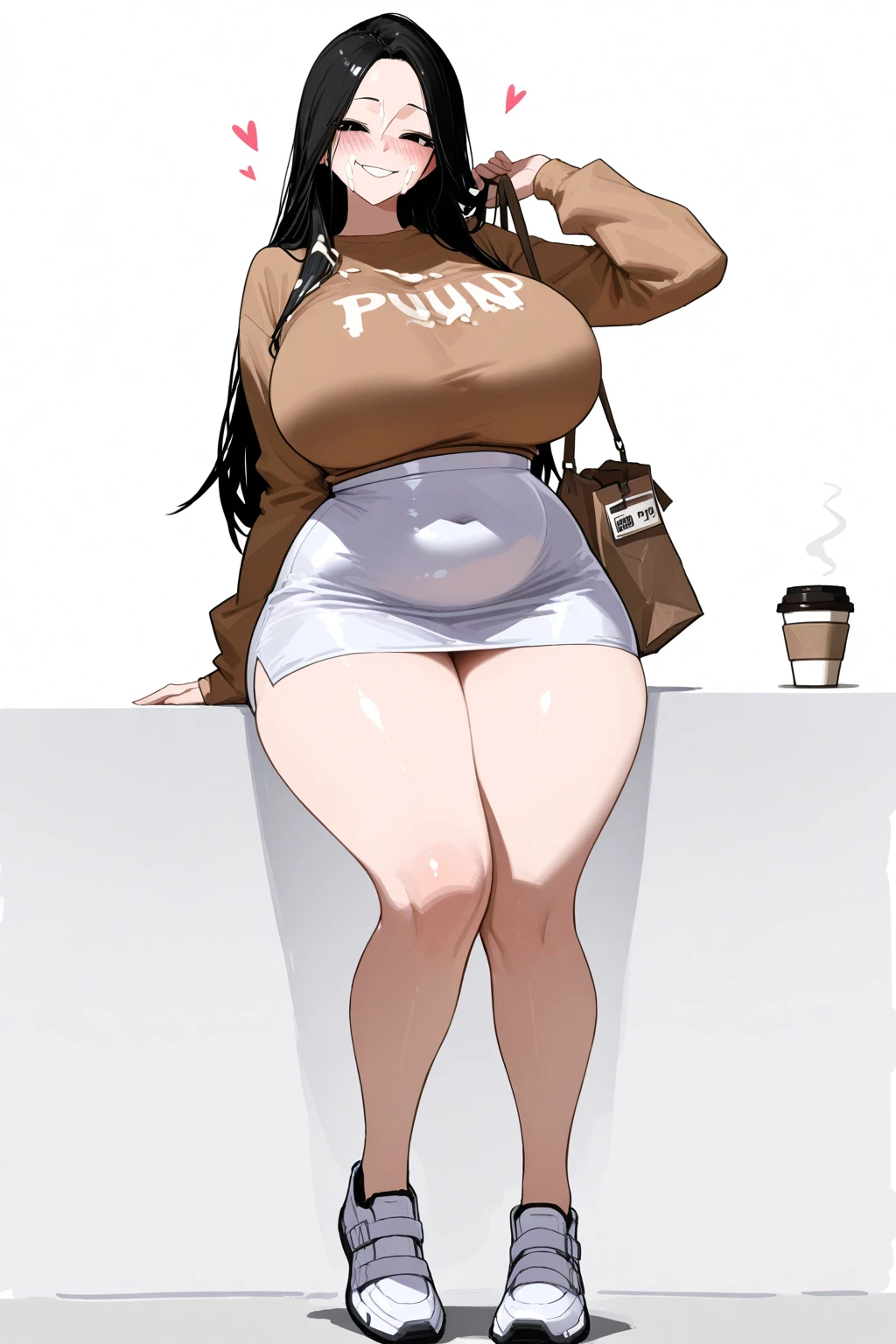 Curvy body, 1 girl, standing alone, chestnut hair, ssmile, looking to the down, secretary, Eyes red, cups, detailded , pants, waist belt, thick thighs, shorth hair, Bblack hair, white shirt, black pants, KelvinHiuArtist hair ,flat-colors, ,outline,