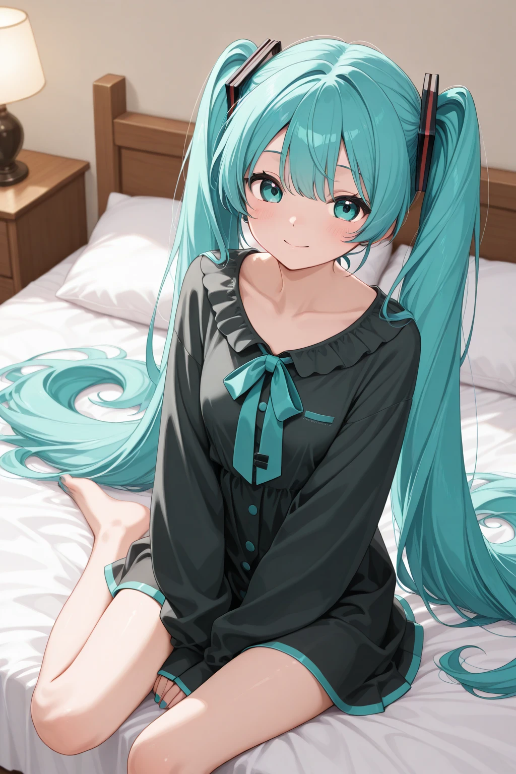 1girl, hatsune miku, sitting at the edge of bed, smile,

cozybedroom, small modern cozy bedroom, messy bedroom, night scene, 

dutch angle, detailed background, great lighting, masterpiece, best quality, amazing quality

