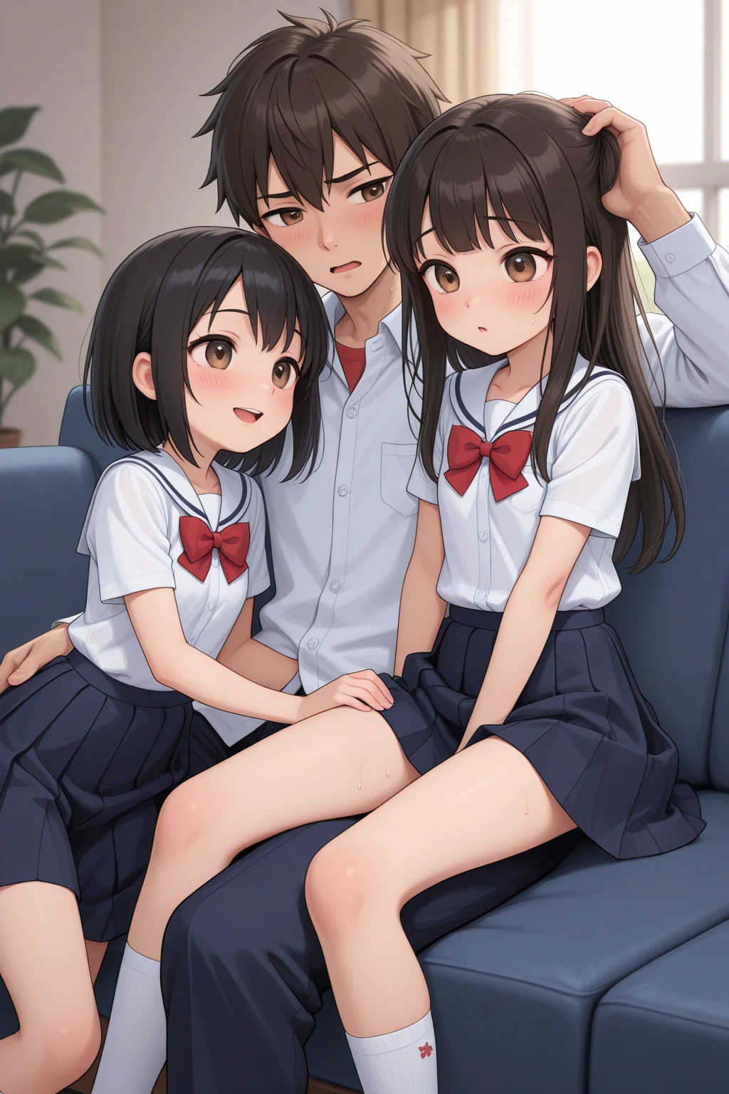 {{{((On the desk in his room (the girl's room), the man approaches the girl, inserts his very thick penis into the girl's anus, and then inserts his very thick penis into the girl's pussy.) )) ))}}, (sexual bullying, sex with men, NSFW, semen, love juices, urination, sweating, rape), blazer, sailor uniform, black skirt (miniskirt), hair (extremely long hair, braids, Black hair, pigtails), pulled, twisted hair), 1 female, 1 male, small breasts, 5 year old girl), round face, bare feet, child: 1.25), (baby face: 1.2)), short limbs, extremely erotic position, Crying face, drooling, urination, gaping anus: 1.1), puni, anal juice, a girl being attacked by multiple men, her clothes torn and her legs spread, a girl grabbing a man and pulling her hair. When the woman grabbed the girl's hair and pulled hard,