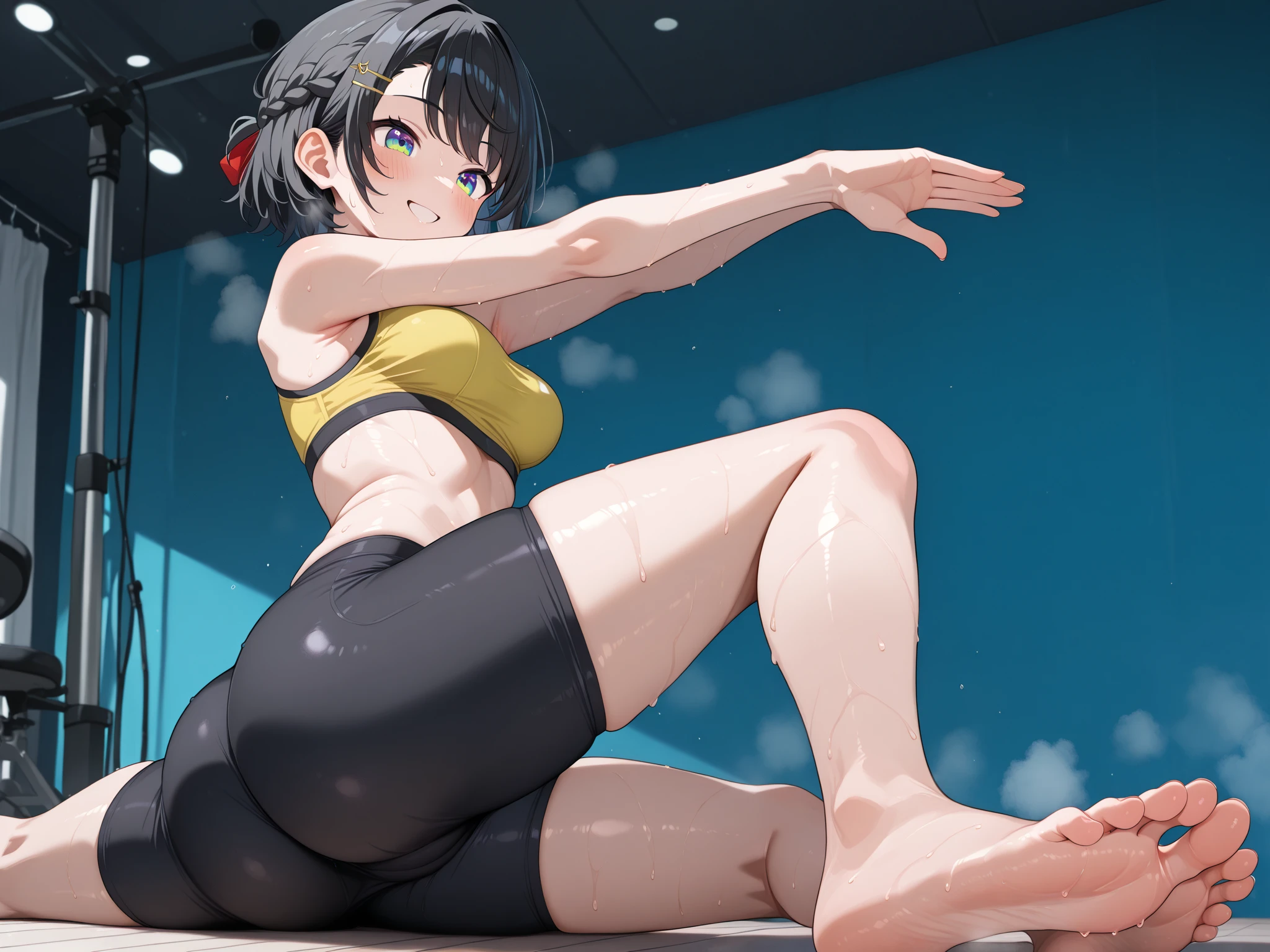 Teenagers in gym clothes on the court, they are extremely sweaty and smelly, They're barefoot, your feet are raised forward and are dirty, they are extremely dirty, and they are farting a lot