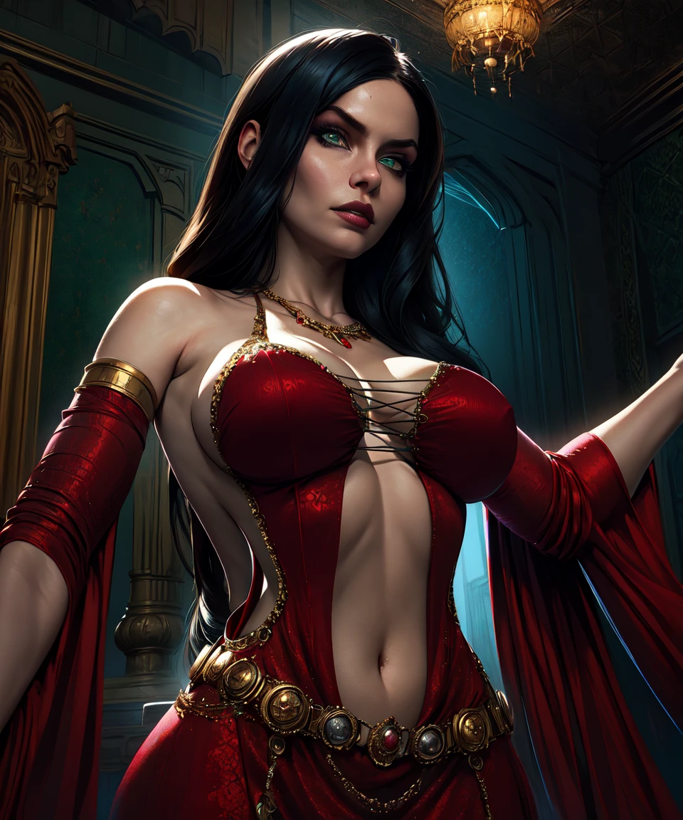 Masterfully detailed extremely realistic digital art of beautiful woman, mystic woman standing pose, flirty look, grey skin, beautiful face, dark red eyes, eye bags, eyelashes, makeup, pouty lips, nose, keen pointy ears, eyebrows, chin, wide jaw, cheeks, (long tied back black hair), breasts, skin details, navy_blue long mage robes, embroidered, bracelets, necklace, creoles earrings, background luxury turkish room at night, magic oriental lanter lights, dim light, low key, shadows, sharp focus, <lora:coloredSkin-08:0.45>