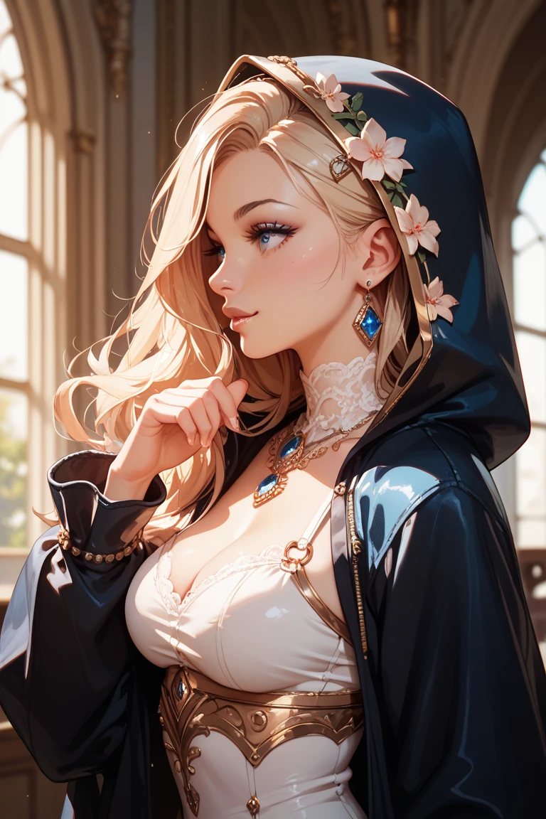 close-up of a beautiful female face, wearing a nun outfit, gorgeous hazel eyes, intricate, cleavage, soft lips, smiling, naughty, seductive glance, freckles
