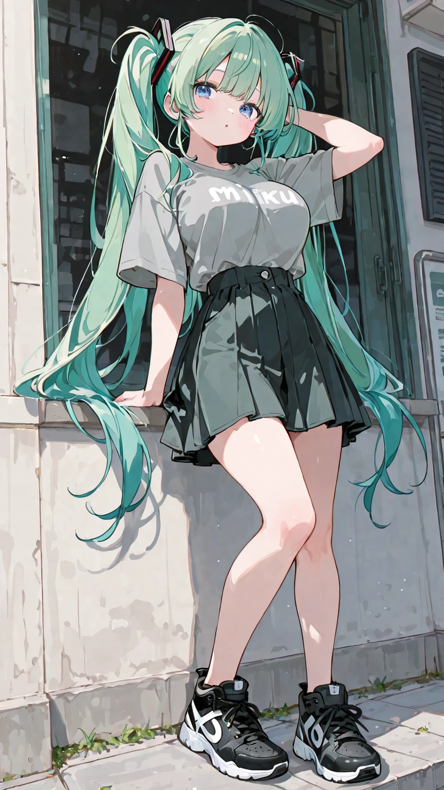 ((masterpiece,Highest quality:1.3)),1woman,30 year old beauty,独奏,((very small head:1.3)),green hair,low ponytail hair,love hair,bangs,green eyes,gorgeous eyes,shy,medium breasts,((very long body:1.2)),((toned body,slender body,skinny)),gleaming skin,shiny skin,(White tight T-shirt、navel、Grey wet shorts)、barefoot、standing,Simple bedroom、cyber punk、World of Blade Runner、