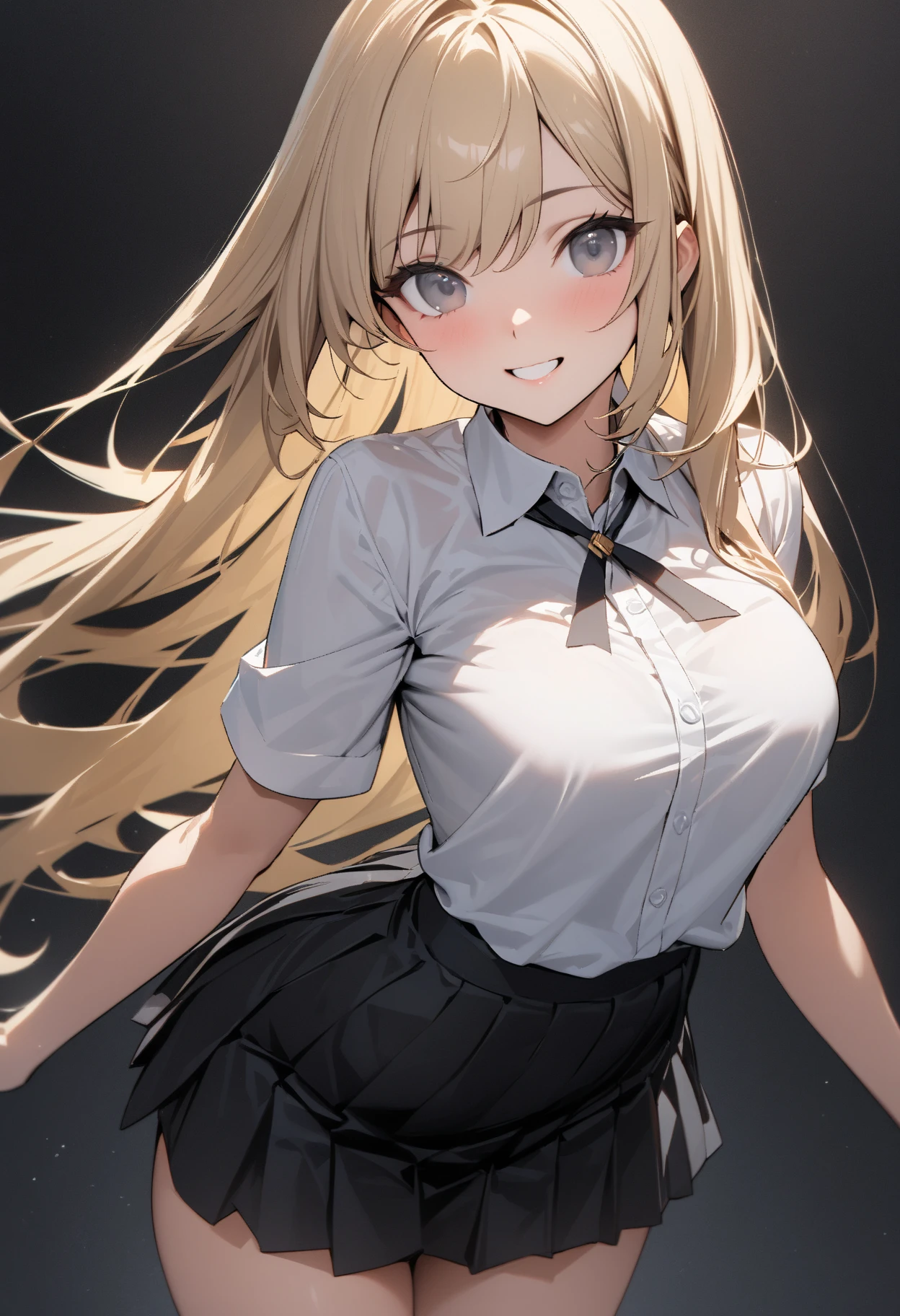 ((masterpiece、Highest quality、Very detailed))、One girl、gyaru、Blonde、Long Hair、Wavy Hair、Grey Eyes、evil smile、((open mouth))、((tongue out))、((lots of piercing))、Large Breasts、((White collared shirt))、((open clothing))、((Black pleated skirt))、Thick thighs、Cowboy Shot、Classroom Background