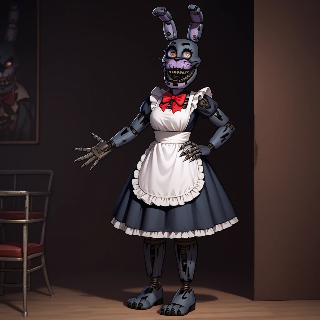 masterpiece, official art, 4k, best quality, high quality, 8k, (contrast), {{{vibrant}}}, ((ultra-detailed)), finely detail, Depth of field, (bloom), ray tracing, 1girl, solo, ominous, scary, (animatronic, female withbonnie:1.2), red glowing eyes, loose wires, amputated left arm, wires, horror (theme), no humans, teeth, rabbit ears, animal ears, blood, robot, bowtie, bow, (small breasts, thick thighs, extra wide hips:1.4), (nude, nipples, navel, pussy:1.3), concrete room, pipes, ventilation, dusty atmosphere, dark room, highres, realistic shadows, black fog, red lens flare, scrap on floor, night time, oil stains,