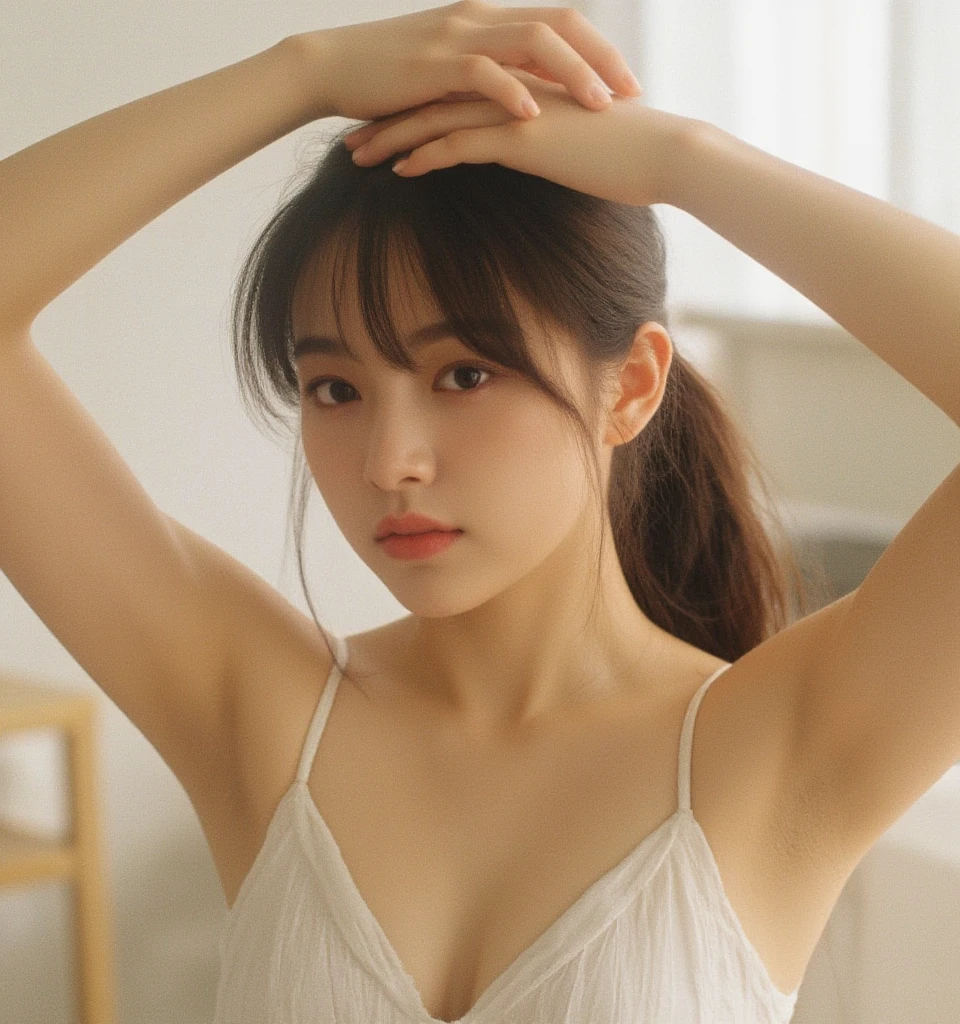 best quality, detailed, beautiful, insanely detailed, absurdres,perfect anatomy,
Japanese,black hair,27 years old,
(slender),
(small breasts best quality),full body shot, sleepy, stretch both arms, messy hair, white lingerie, japanese, in the bedroom, in the morning, (A scene where he is stretching his back sleepily:1.3), front view, low angle shot, (sunrise:1.2)