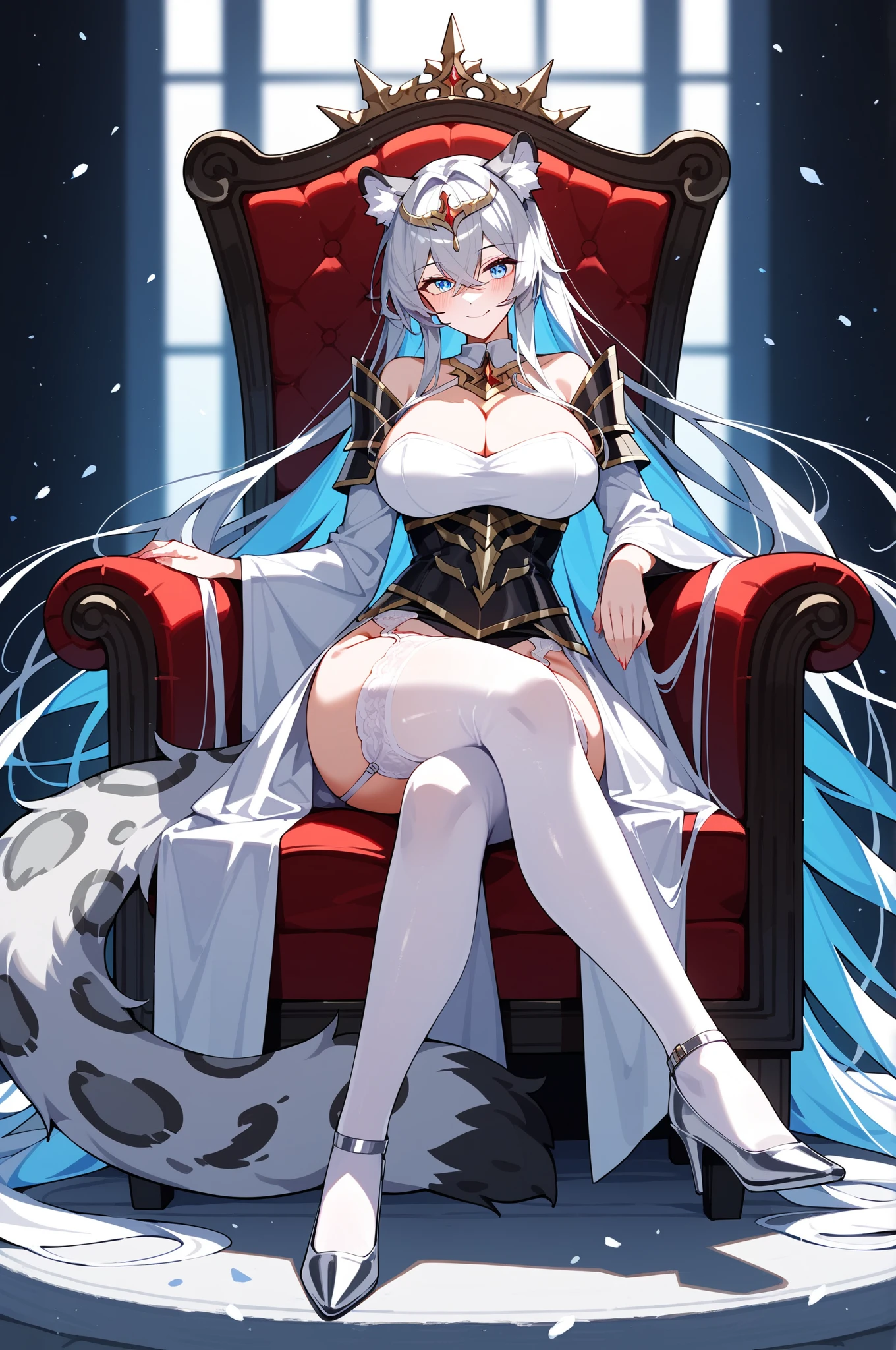 (medium portrait:0.7), (best illumination:1.1), (long white hair:1.1), (red eyes:1.1), 1girl, adult woman, royal, wolf ears, evilish serious smile, platinum-white dress, big breasts, in the middle of a palace, sitting on a throne, petting a giant wolf, (canine tooth:0.4)