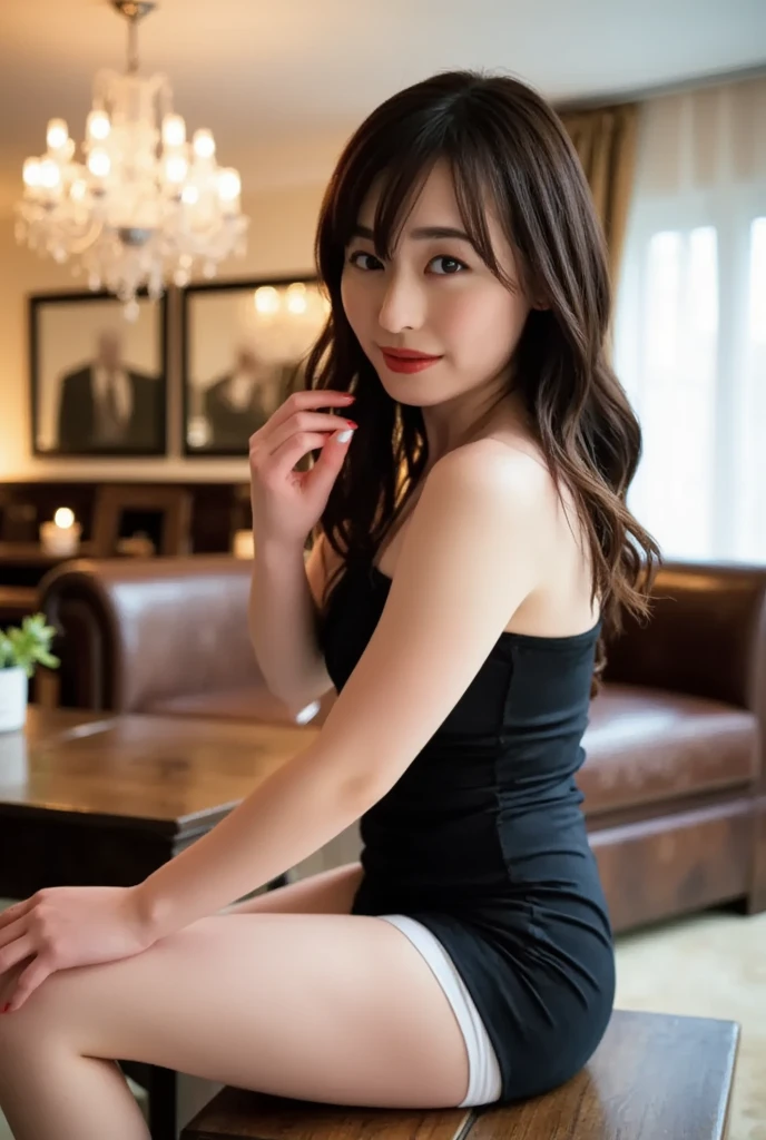 Upper class woman sitting at table drinking wine, Wearing pantyhose、Wearing a sleeveless dress、The panties at the crotch are visible、