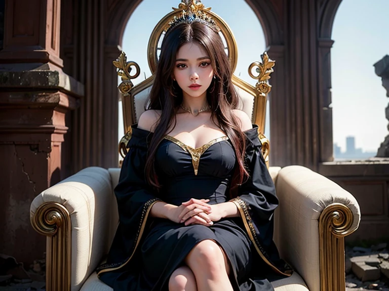 At the door, there is a woman in a black dress posing, full fairy, elegant and charming cosplay, wearing a translucent red aristocratic suit, royal elegant posture, sitting on a stool, ((beautiful fantasy queen)), flowing magic robe, tight short skirt succubus, fantasy robe, classical witch robe, crimson robe, beautiful and elegant queen, (big breasts: 1.2), (qi bangs), (ring finger diamond ring), masterpiece, realistic