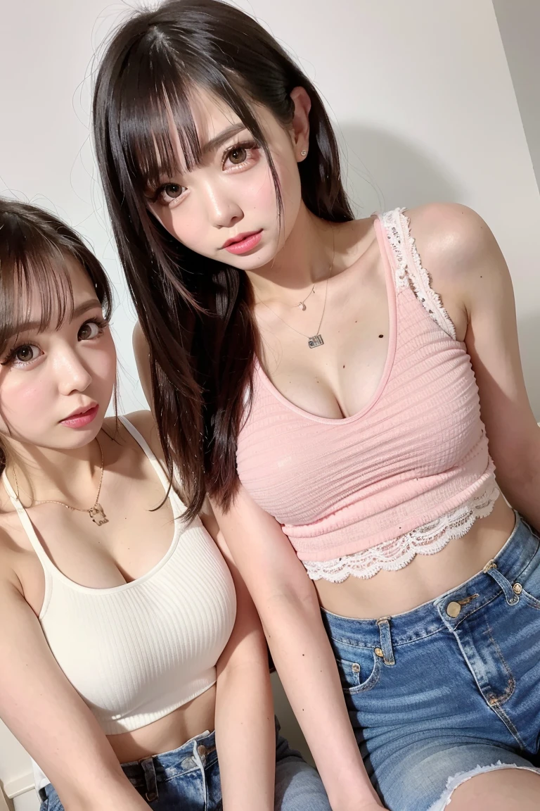 (masterpiece, Highest quality, 8K, High resolution),(Realistic skin texture, Perfect Face, Realistic, Perfect hands, Perfect finger count, Japanese, Girl), (12 years old), (2 people), Big Eyes, Brown eyes, Light brown hair, bangs, Twin tails, Hair Ribbon, Small face, Smile, ((Tank top, Low rise sports shorts)), 2 peopleが並んで立っている, Cute pose, Shopping mall