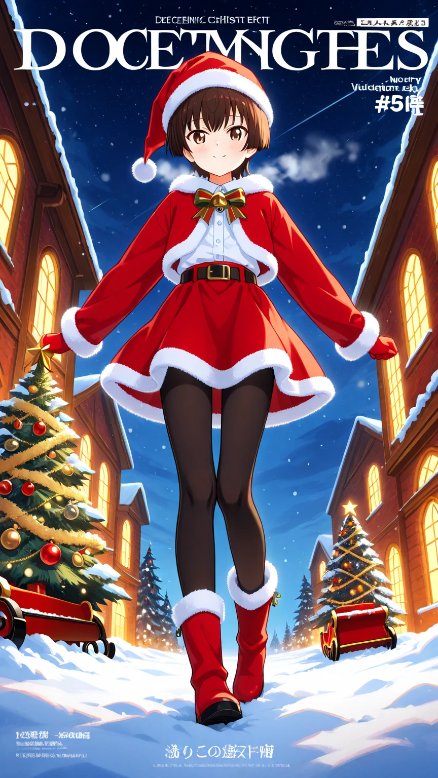 dark skin girl, curly hair, green eyes glowing, red christmas cap, christmas off-shoulder sweater, red and green skirt, black pantyhose