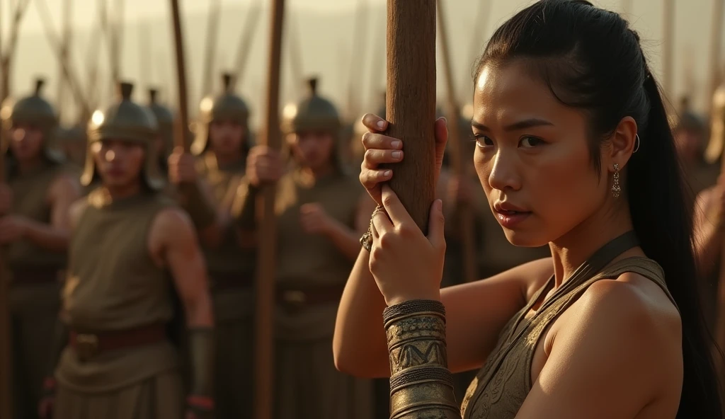 Create a photo of an ancient Thai female warrior around 30 years old, with beautiful and intense facial features, She is engaged in fierce combat on an ancient Thai battlefield, surrounded by many warriors fighting and many injured or fallen. The scene is strong and intense, capturing the power and ferocity of the warrior, ((full body)), 1 girl, alone, 1 woman, ((full body)), ((Stand with your back turned and your neck tilted forward.))
, ((เห็นแผ่นหลังและบั้นท้ายที่beautiful)), very detailed, hyper realistic, 4K, very detailed image, realistic, Highly detailed, perfect composition, beautiful, There are complicated details., Incredible detail, Artistic photography in 8k, very detailedเกินไป, Masterpiece