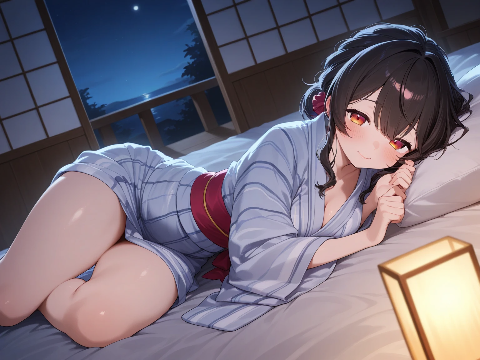 masutepiece, ultra-quality, Super Detail, Perfect drawing, beautiful girl in loincloth, Japan outfit,  ((Sleep with your eyes closed)), Prone、Big ass,  Beautiful Girl, Samurai, in yukata, Black ponytail, Hair tied up with a large red ribbon,blush (0.2),   The wind is beautiful,Elegance, Beautiful background, Accurate drawing, detailed drawin
