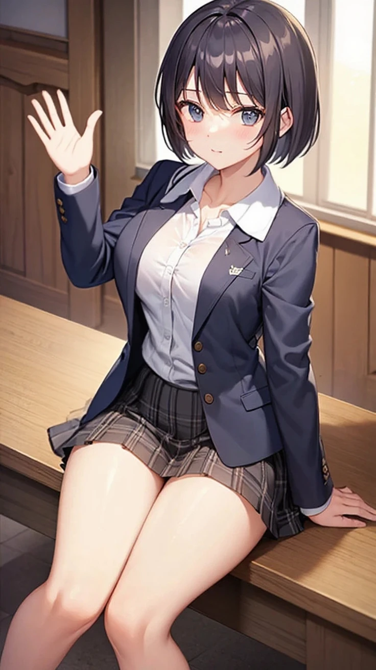 masterpiece, best quality,high resolution、realistic、Detailed、((extremely delicate and beautiful fabric):1.3)、 8k、large boob、 1girl, solo, skirt, jacket, shirt, blue eyes, white shirt, necktie, green necktie, black hair, pleated skirt, socks, diagonal-striped necktie, open jacket, open clothes, striped necktie, collared shirt, black jacket, black skirt, striped, blazer, short hair, long sleeves, bangs, , black socks, diagonal stripes, hairband, hair ribbon, ribbon, blue hairband, dress shirt, bow, cowboy shot, smile,cleavage、onbed、(skirt lift:1.5)、(side tie white panties:1.5)、(kneeling:1.5)、