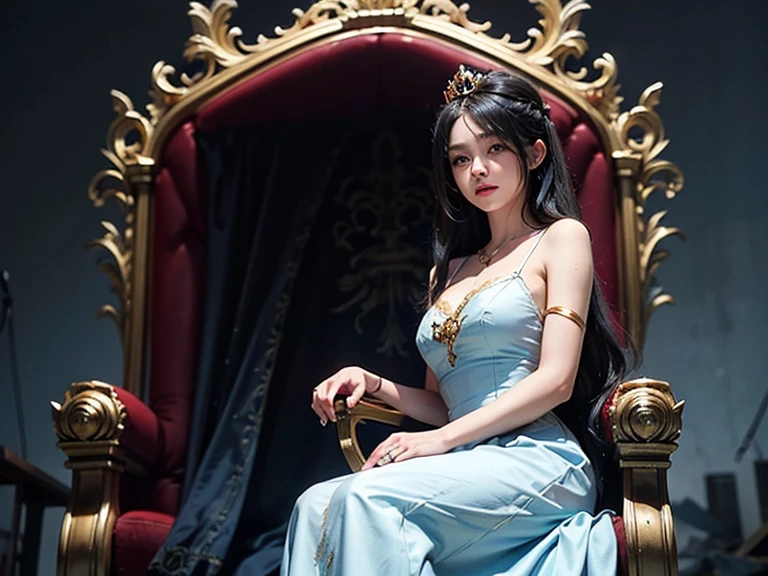 a woman with exaggerated large breasts, confident sitting on a throne, wearing a gorgeous red dress, a large ornate crown on her head, looking down at the viewer, detailed facial features, hyper-realistic, 8k, ultra-detailed, photorealistic, masterpiece, dramatic lighting, cinematic, oil painting、She is a Japanese woman、She is protected by the knights.