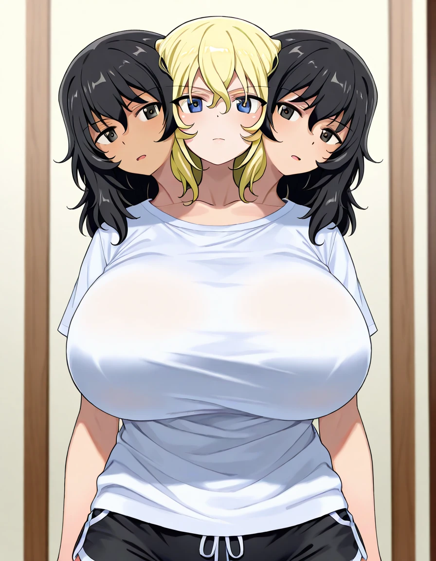 ((highres)), Masterpiece, high quality, best quality, beautiful, perfect lighting, detailed face, ultra cute face, (((3girls))), one girl has blonde hair, blue eyes, one girl has brown hair, green eyes, no clothes, one girl has, wavy black hair, brown eyes, full body, bedroom, (huge saggy breasts:1.4), ((wide hips)), ((thick thighs)), ((plump)), standing, touching each other, nsfw, nude, naked, orgasm, happy, excited, ecstasy, pleasure, very sweaty, wet, girls kissing, on a bed, caressing, masturbating, soft breasts, pubic hair, wet hair, relaxing in bed, intertwined, prone, lying down