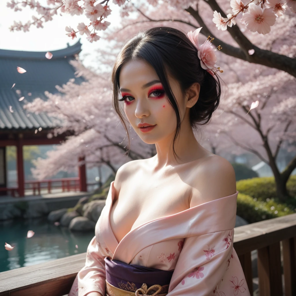 (an alluring beautiful woman:1.1) in a tranquil Japanese garden, (during cherry blossom season), with (dark:0.9, gothic:0.9) elements, blending (natural beauty) with (gothic aesthetics), (photo-realistic) [highres], (HDR), (vivid colors), (bokeh), (professional), (sharp focus), (studio lighting), (ultra-detailed), (physically-based rendering), (extreme detail description)