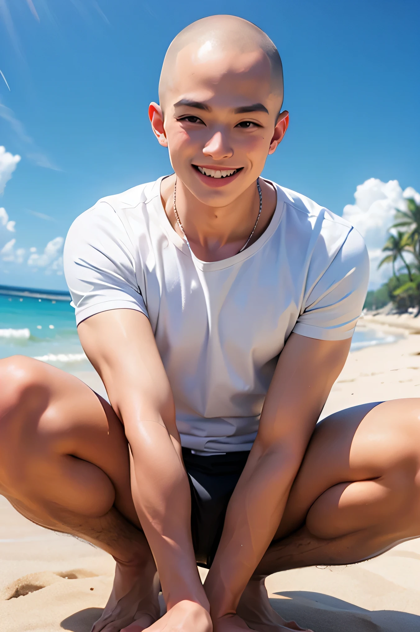 butter blonde, boy, male, messy hairsyle, sharp eyes, 14 years old, running on beach, no shirt, shirtless
tight swim shorts, grin smile, one foot extended,
foot display, foot focus, presenting foot, bottom of foot, heels